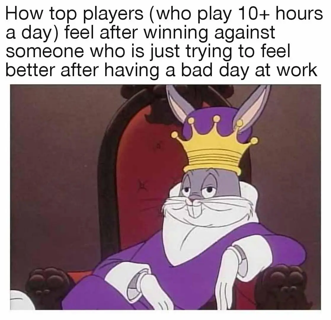A cartoon rabbit wearing a purple robe and a gold crown sits regally in a red throne chair with a smug, self-satisfied…