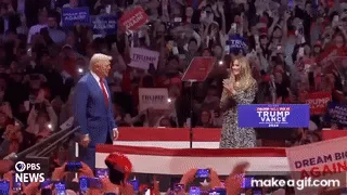 A sequence of six frames shows Donald Trump and Melania Trump dancing together on a stage at a political rally. The crowd…