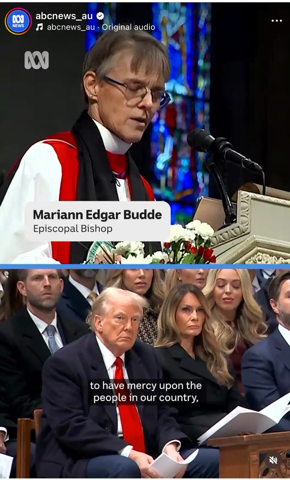 The image is split into two panels. The top panel shows Episcopal Bishop Mariann Edgar Budde speaking at a podium in a…