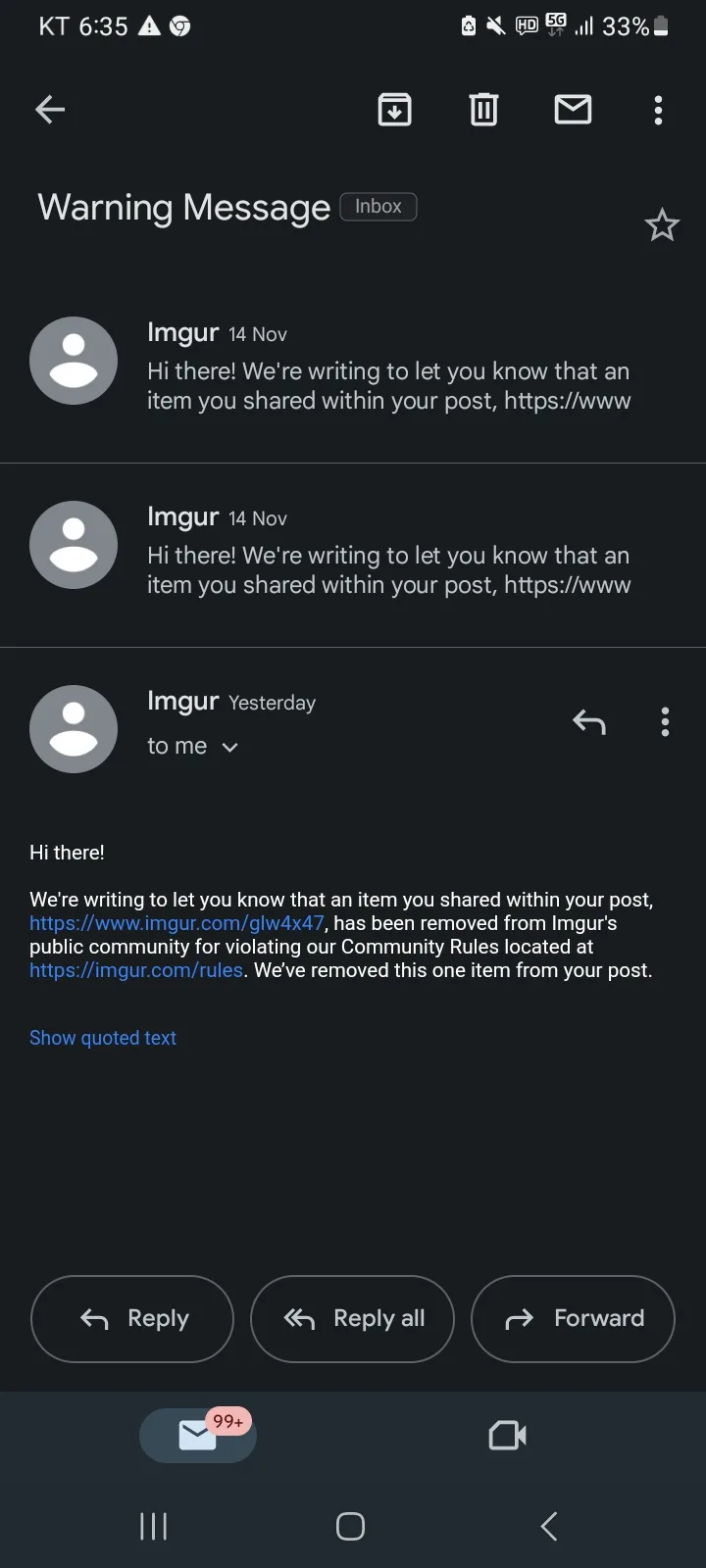 A screenshot of an email inbox showing multiple identical warning messages from Imgur, with the most recent one dated…