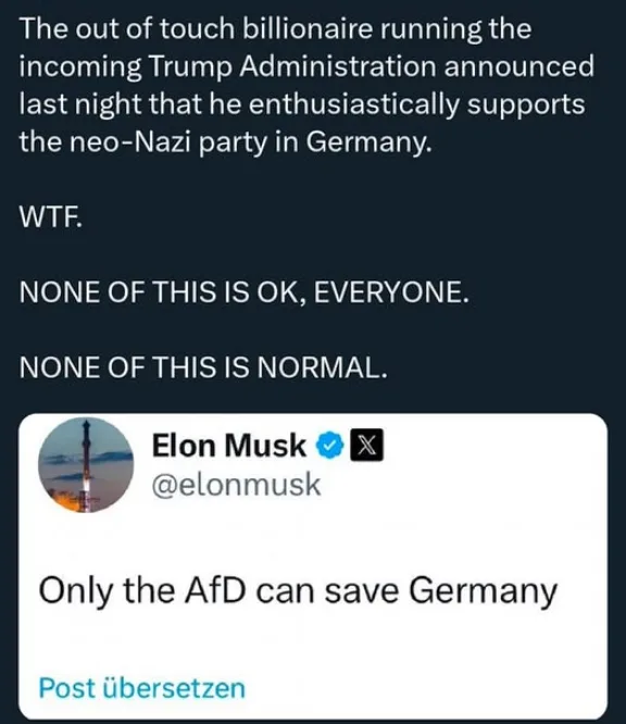 A screenshot of a tweet from Elon Musk's verified account, which reads 'Only the AfD can save Germany,' overlaid with a dark…