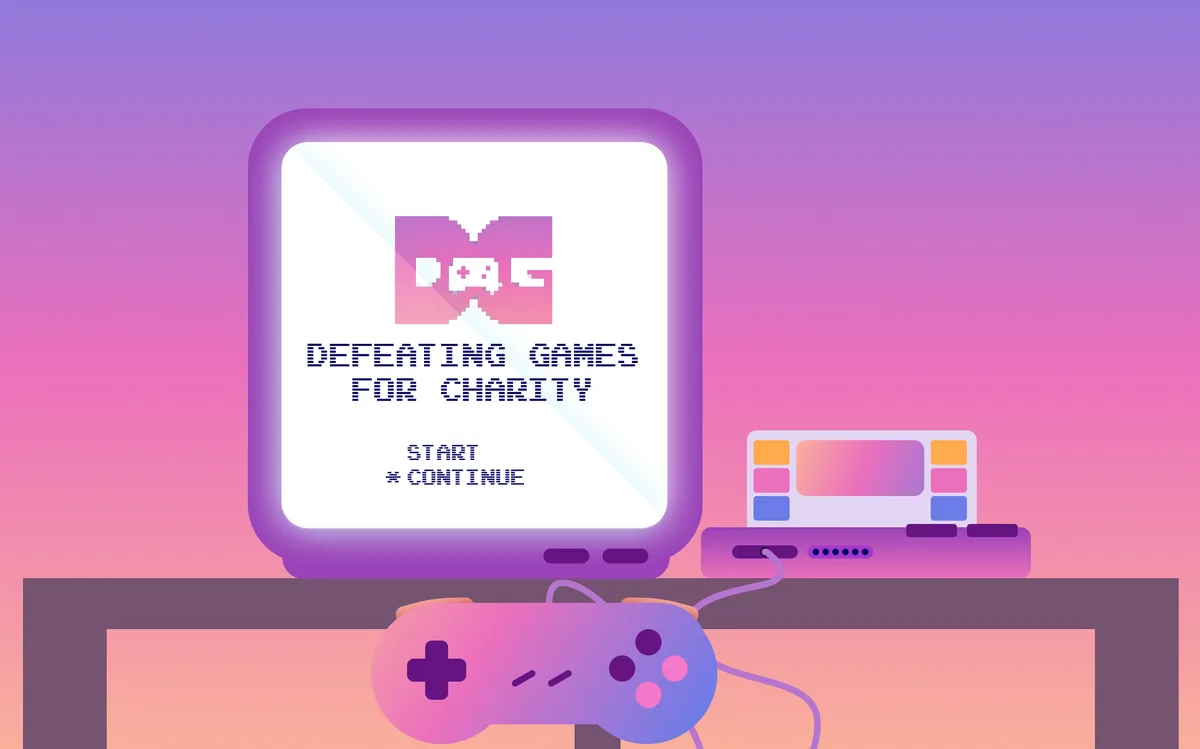 A stylized retro gaming setup with a purple and pink gradient background, featuring a CRT-style monitor displaying a…
