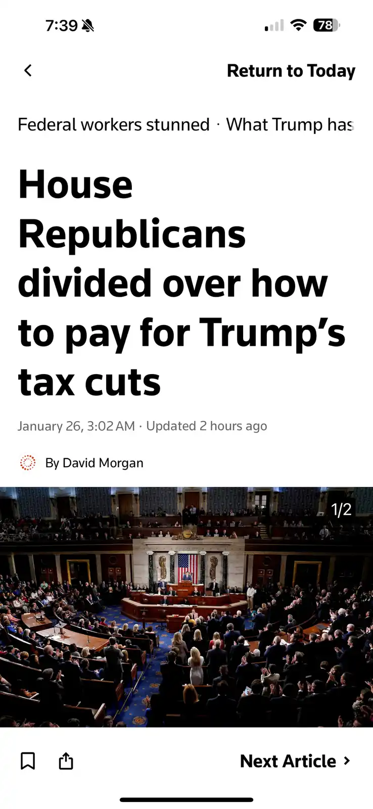 A screenshot of a news article from 'Return to Today' shows a photo of the U.S. House of Representatives chamber with many…