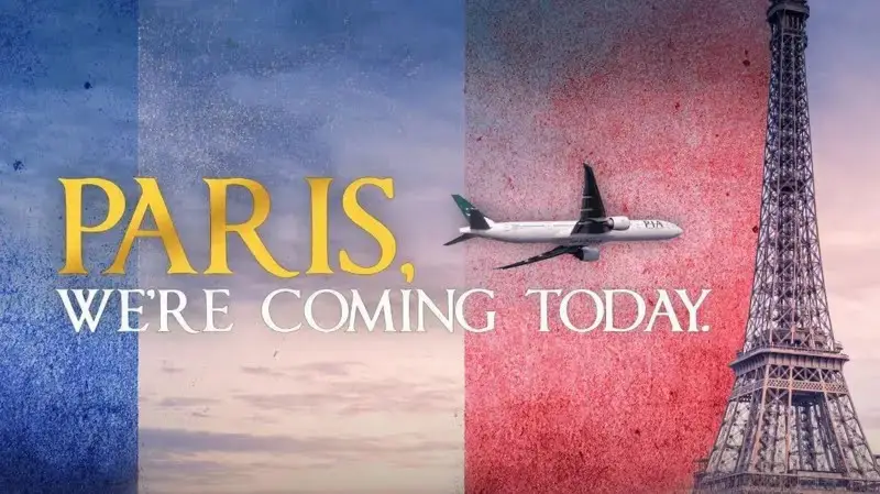 An airplane flies across a background split into blue, white, and red vertical stripes resembling the French flag, with the…