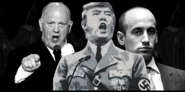 The image shows three men standing side by side against a dark background. The man on the left is pointing forward with his…