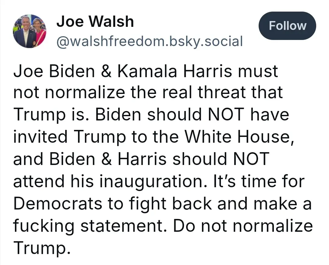 A screenshot of a tweet from Joe Walsh (@walshfreedom.bsky.social) expressing political opinion. The tweet text argues that…