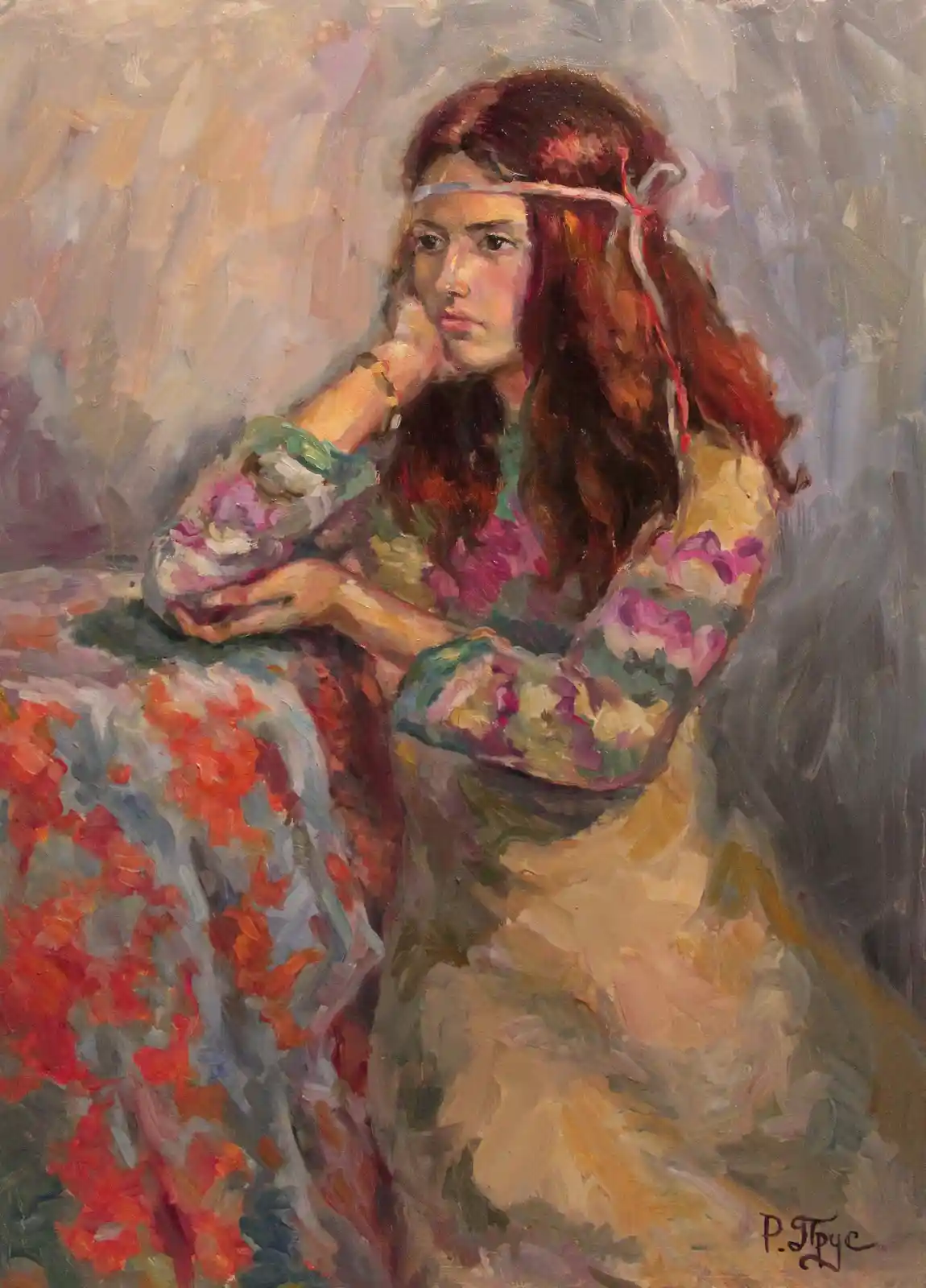 An oil painting depicts a young woman with long brown hair and a headband, wearing a colorful floral dress, sitting…