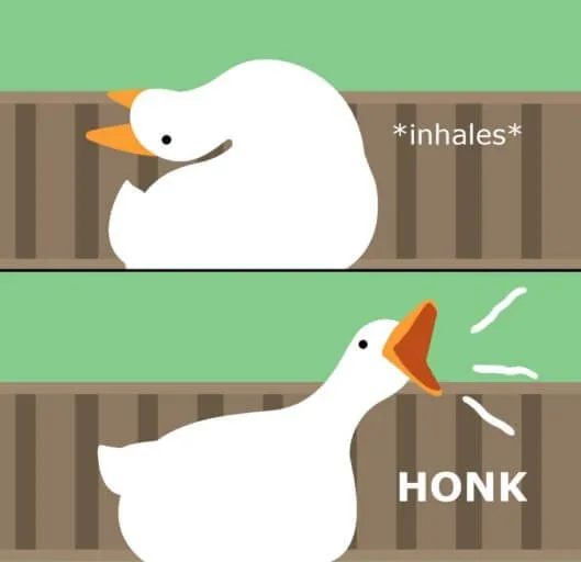 A two-panel cartoon shows a white duck in a wooden enclosure. In the top panel, the duck is calm with text '*inhales*'. In…