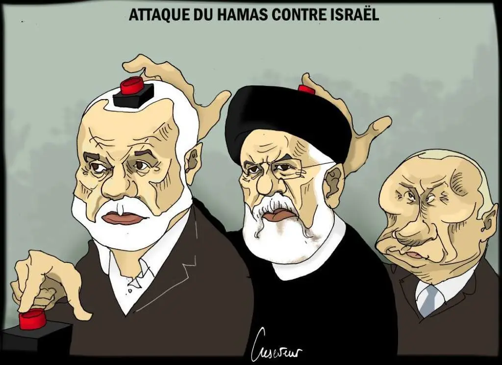 A political cartoon shows three caricatured men, each with a red button on their head and one hand pressing a red button on…