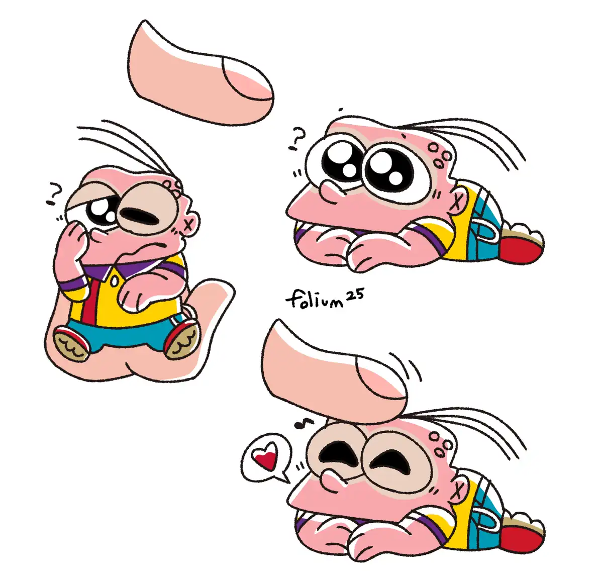 A cartoon baby with a colorful striped outfit is shown in three panels: first looking confused with a floating foot above…
