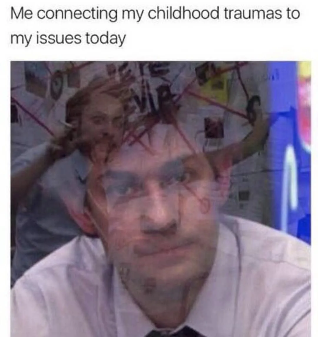 A man in a white shirt and tie stares blankly forward while a translucent, ghostly version of himself appears behind him…