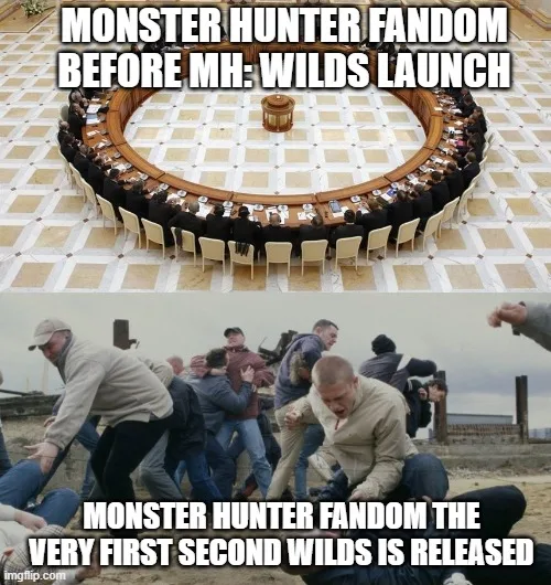 The image is a two-panel meme. The top panel shows a large, formal, circular conference table with many people in business…