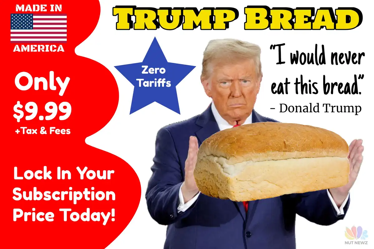A digitally altered image shows Donald Trump holding a loaf of bread with a stern expression. The image is styled like an…