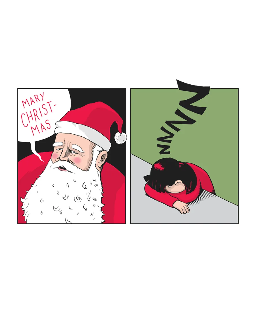 The image is a two-panel comic. The left panel shows a tired-looking Santa Claus with a speech bubble that reads 'MARY…