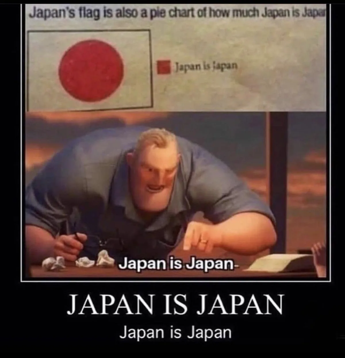 The image shows a top panel with a diagram claiming Japan's flag is a pie chart where the entire red circle represents…