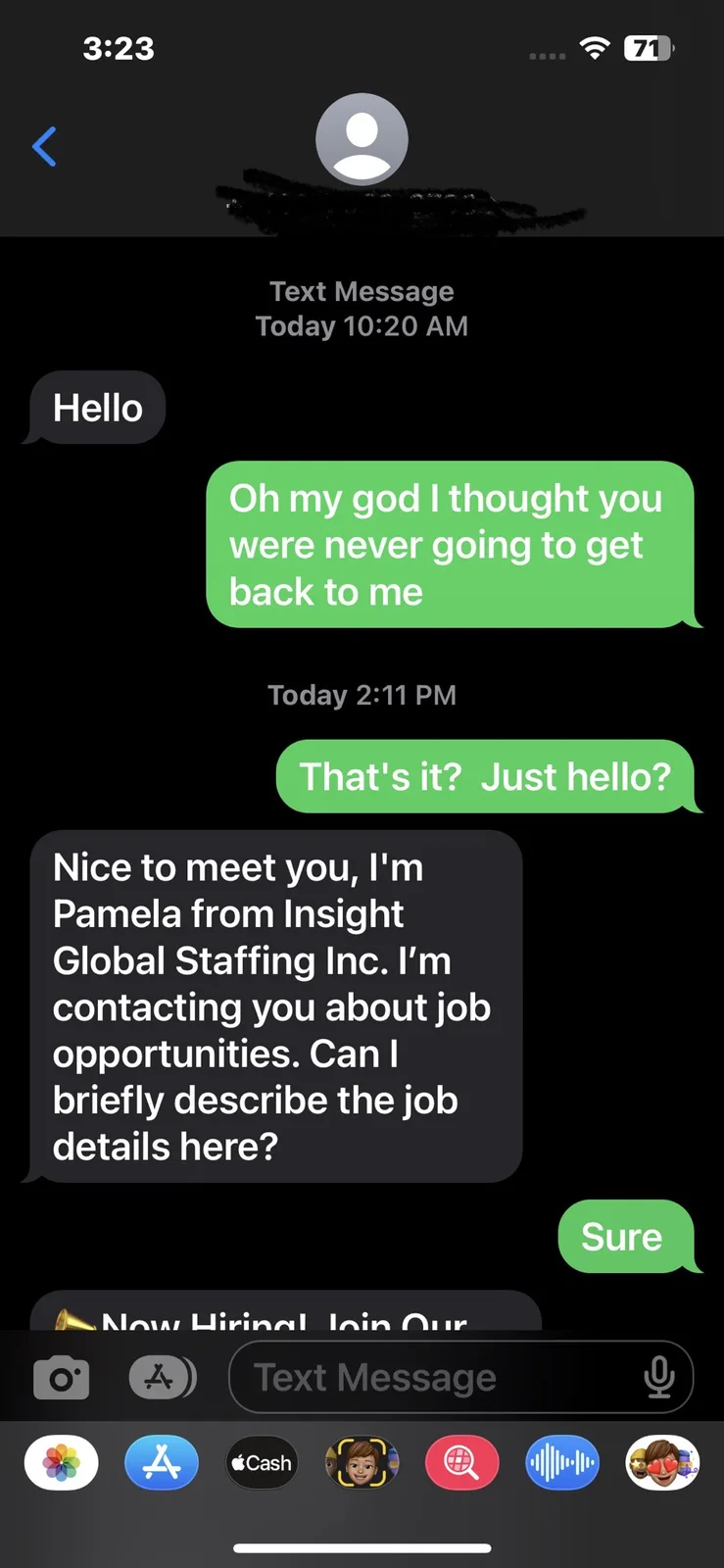A screenshot of a text message conversation shows a person expressing emotional relief after a long wait, only to be met…