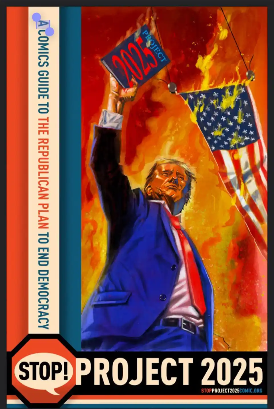 An illustrated image depicts a man in a blue suit and red tie holding up a book labeled 'PROJECT 2025' against a fiery…