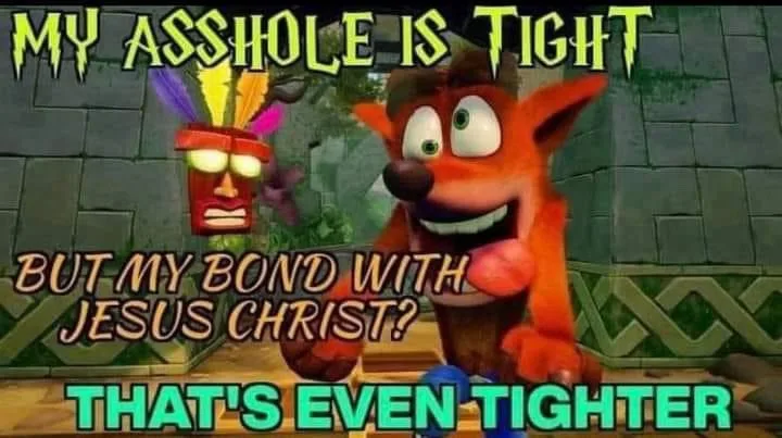 The image features the video game character Crash Bandicoot, smiling with his tongue out, standing next to a red tribal…