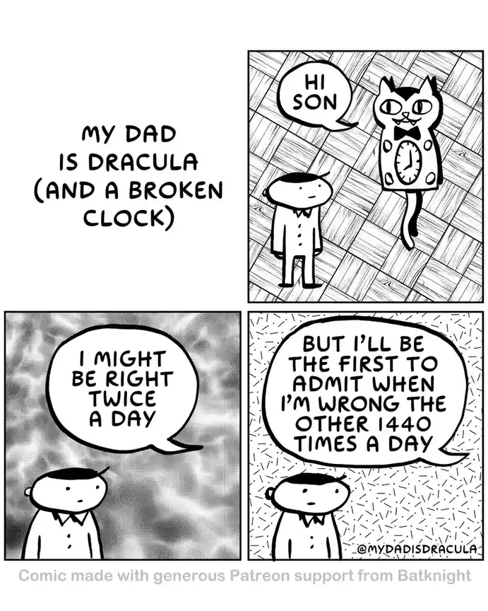 A four-panel comic strip shows a cat-shaped grandfather clock with fangs and a bowtie greeting a boy as 'hi son'. The boy…