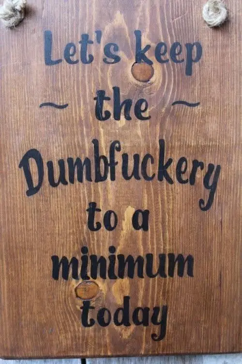 A rustic wooden sign with dark lettering reads 'Let's keep the Dumbfuckery to a minimum today', with decorative tassels at…