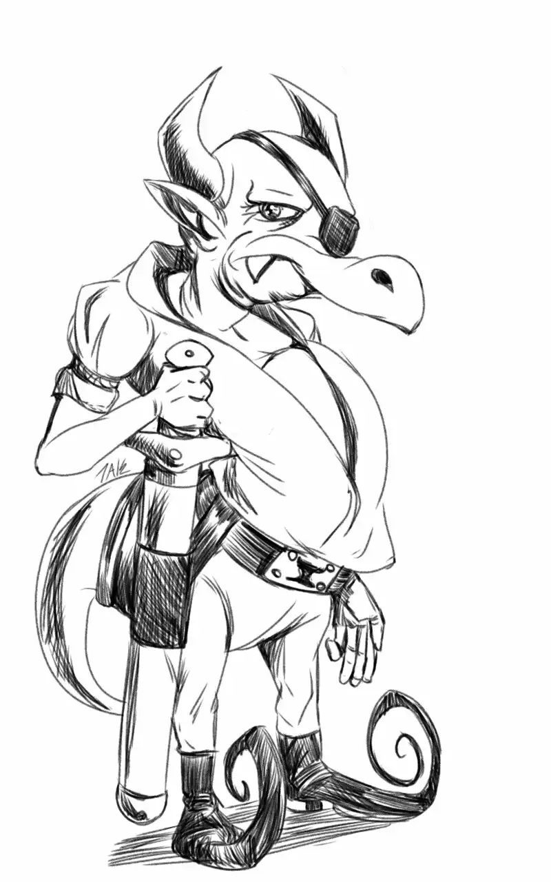 A black-and-white sketch of a cartoonish, anthropomorphic dragon with horns, an eyepatch, and a long tail, holding a sword…