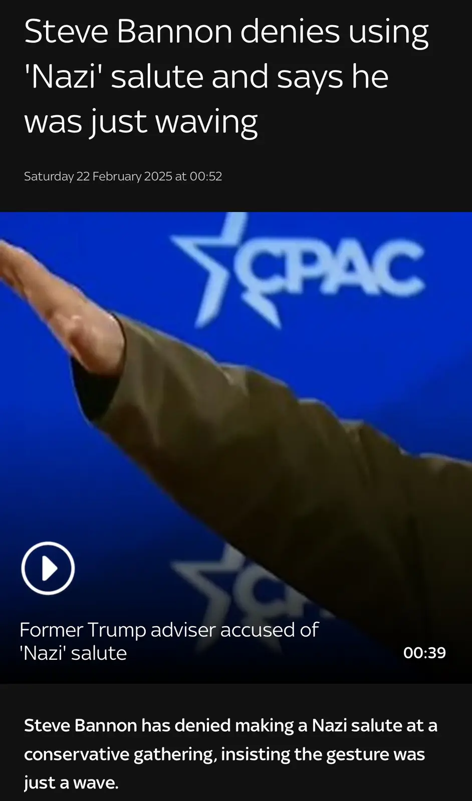 A screenshot of a news video thumbnail shows a person's arm extended in a gesture resembling a Nazi salute, set against a…
