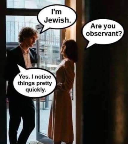 Two people stand facing each other near a doorway, with speech bubbles overlaid. The person on the left says 'I'm Jewish.'…