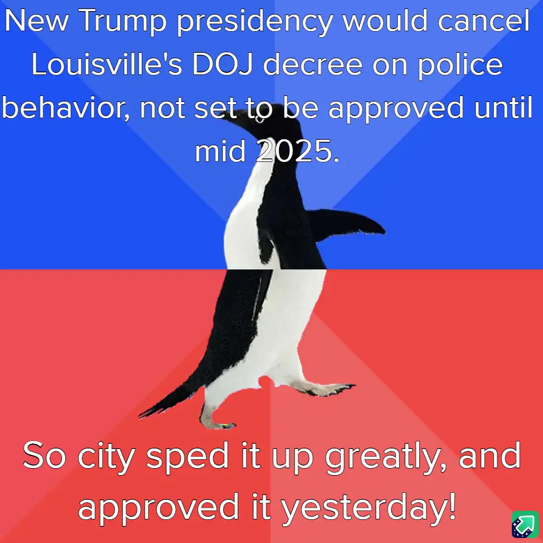 A penguin stands upright against a blue and red background, with white text overlaid in two sections. The top text states…