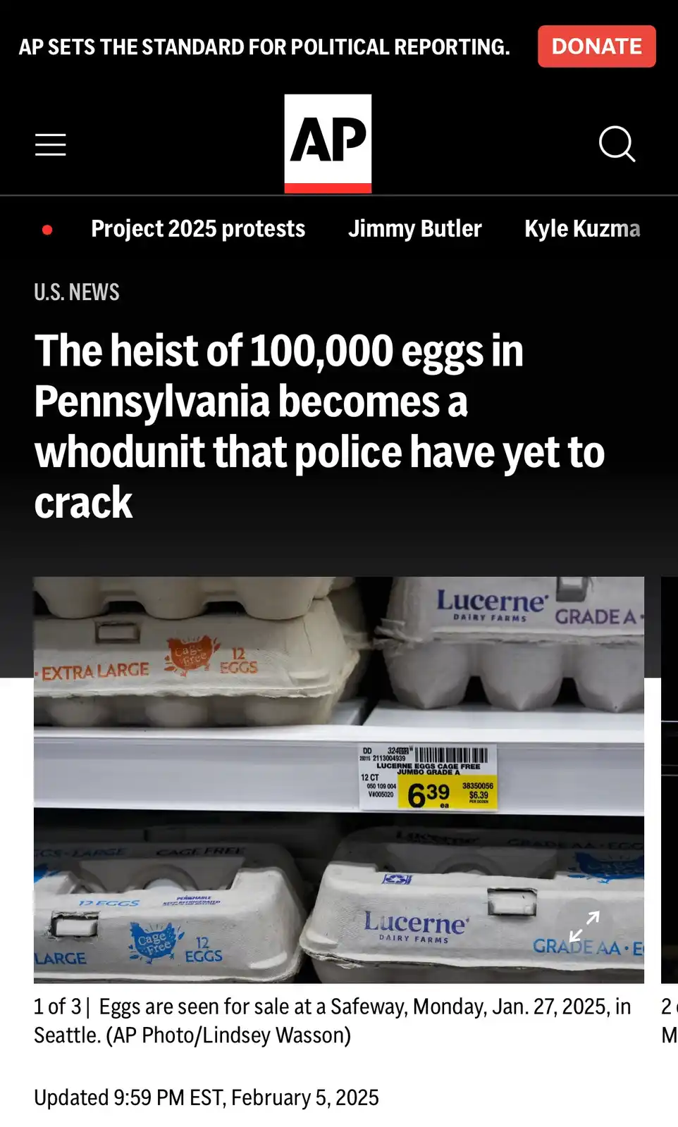 An AP News article screenshot shows a grocery store shelf with Lucerne brand egg cartons labeled 'Cage Free' and 'Grade A'…
