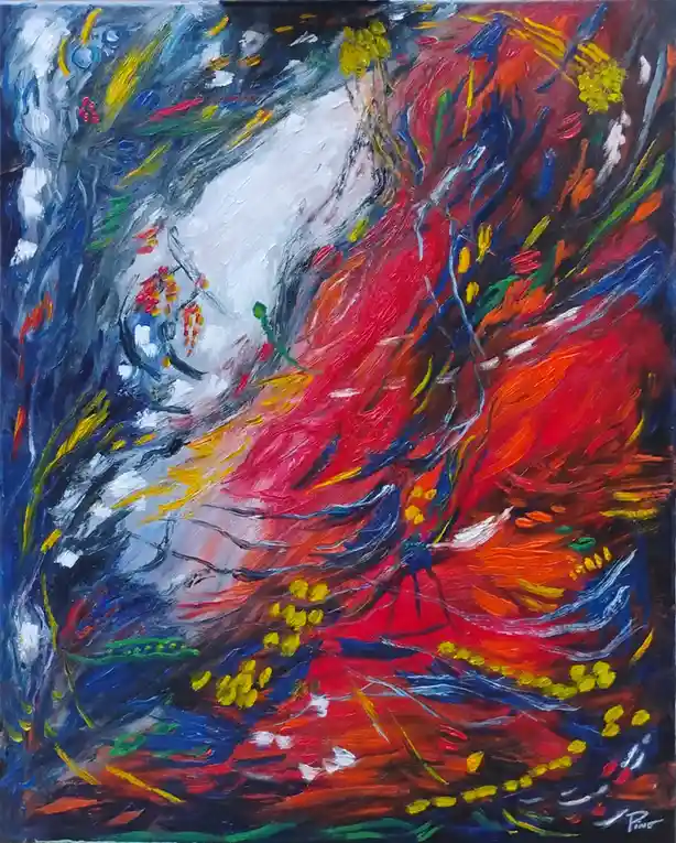 An abstract expressionist painting with swirling red, blue, white, and yellow brushstrokes, featuring a central white form…
