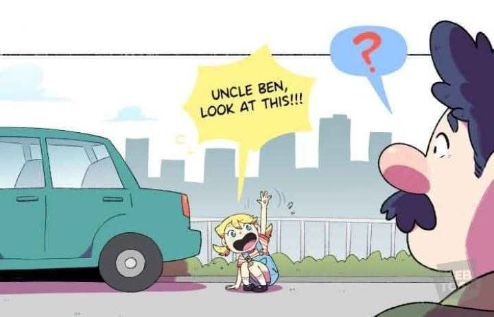 A cartoon girl with blonde pigtails is crouching on the sidewalk next to a teal car, pointing excitedly upward with a speech…