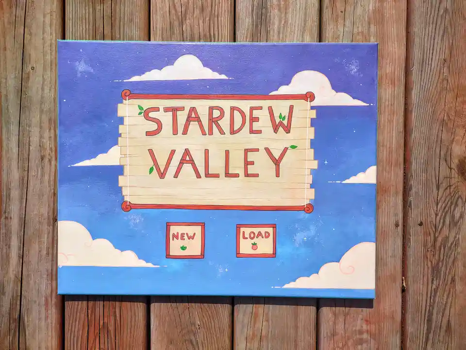 A hand-painted canvas depicts the iconic Starbound Valley title screen, featuring a wooden sign with 'STARDEW VALLEY' in red…