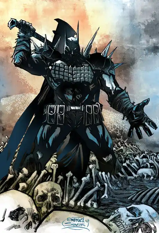 A dark, heavily armored Batman stands triumphantly atop a pile of skulls and bones, holding a weapon aloft. The image is a…