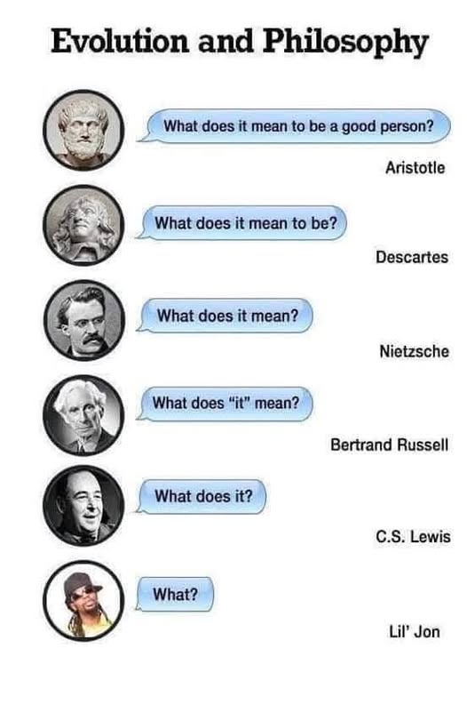 A vertical chat-style meme titled 'Evolution and Philosophy' shows a sequence of historical philosophers and a rapper. Each…