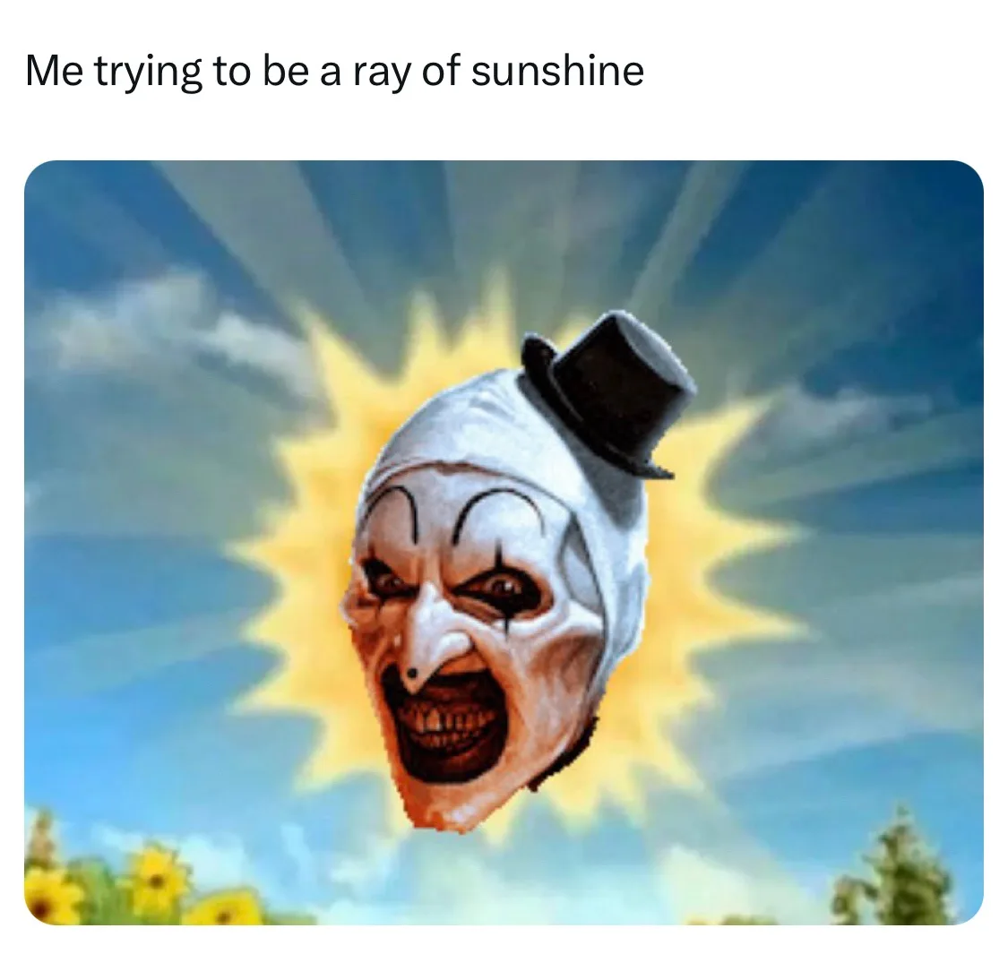 The image shows a digitally altered, cartoonish clown face with a sinister, wide grin and black top hat, superimposed over a…