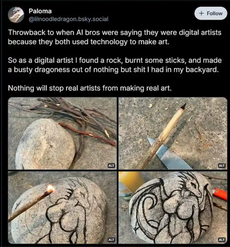 A four-panel image shows a person creating art on a rock using burnt sticks as a drawing tool. The first panel shows a rock…