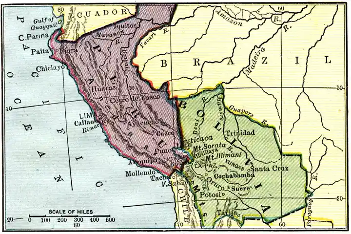 a vintage-style map showing the countries of peru and bolivia with their borders and cities labeled, overlaid with the text…