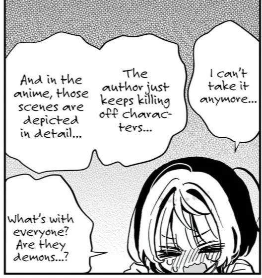 A manga panel shows a character with a distressed, tear-streaked face, surrounded by four speech bubbles. The bubbles…