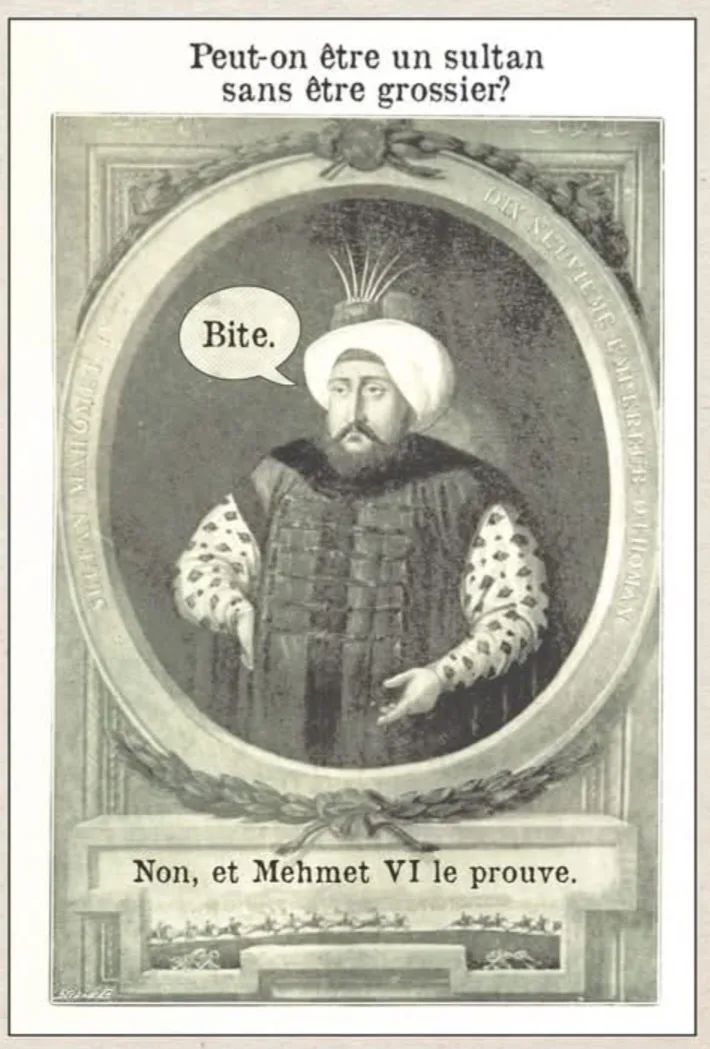 A vintage-style portrait of Sultan Mehmet VI, framed like a historical painting, with overlaid text posing a question in…