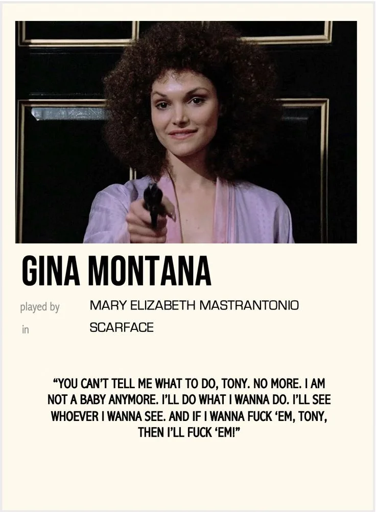 A still from the movie Scarface shows Gina Montana, played by Mary Elizabeth Mastrantonio, holding a gun and looking…