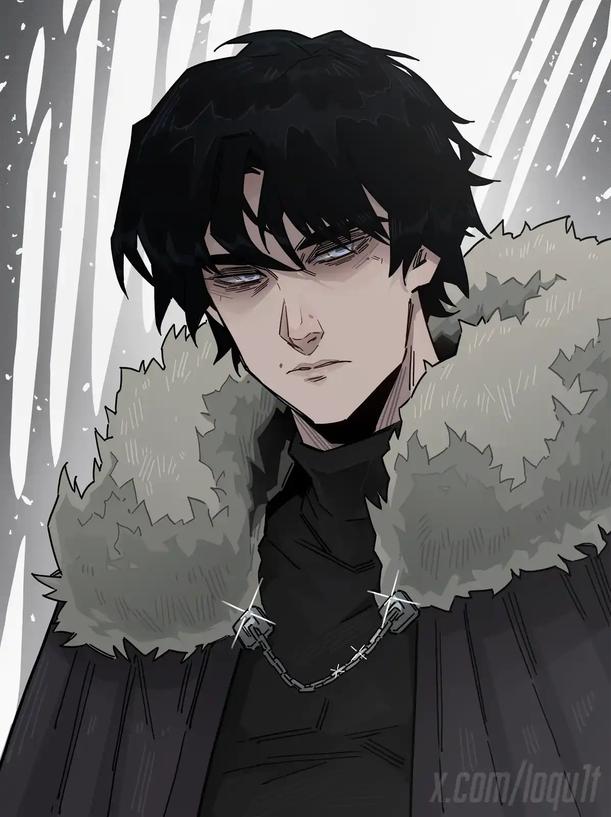 An anime-style illustration of a young man with black hair and blue eyes, wearing a dark coat with a thick, grey fur collar…