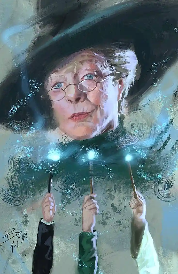 An artistic illustration shows a stern-looking elderly woman with glasses and a wide-brimmed hat, looking upward. Below her…