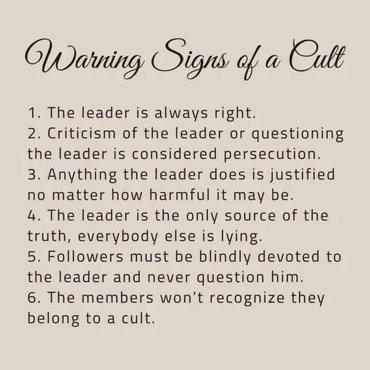 A beige background displays a list titled 'Warning Signs of a Cult' in cursive script, followed by six numbered points…