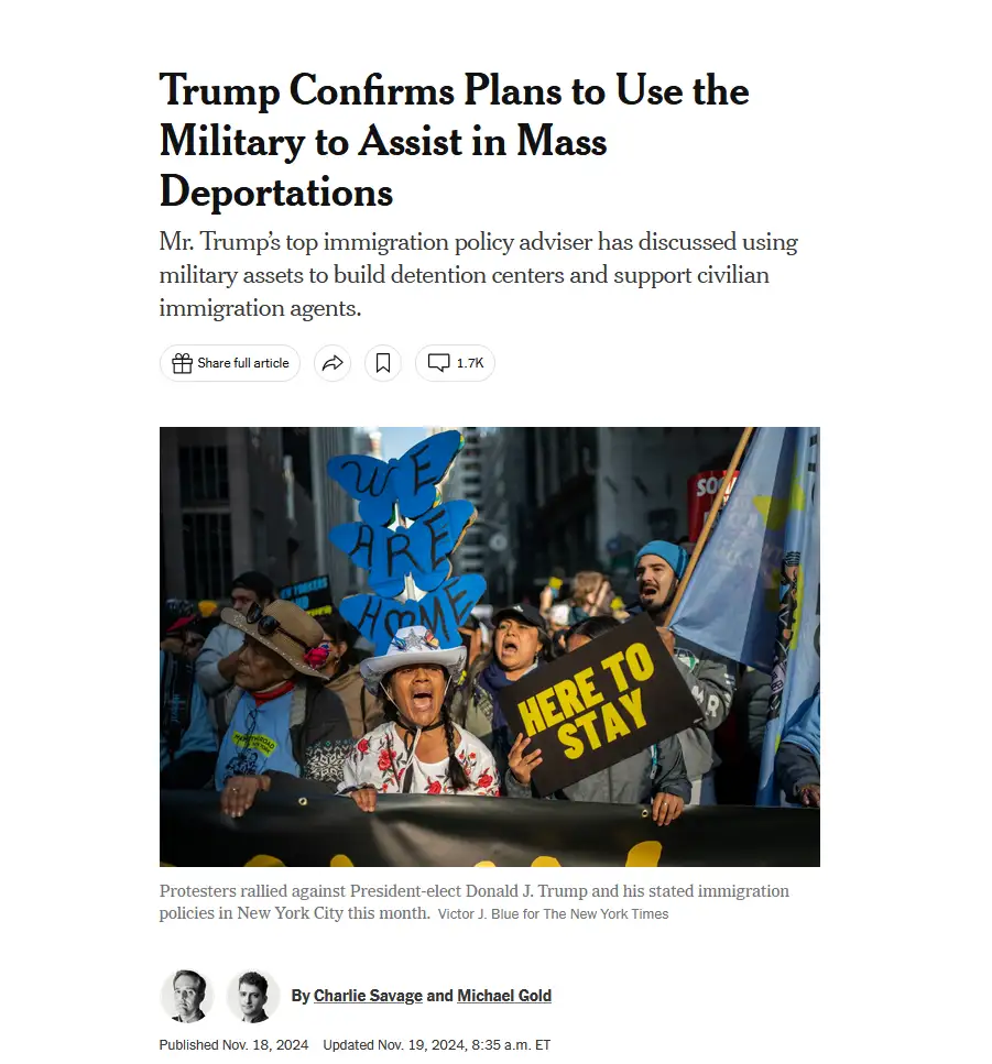 A screenshot of a New York Times article about Trump's deportation plans shows protesters holding signs, one with 'WE ARE…