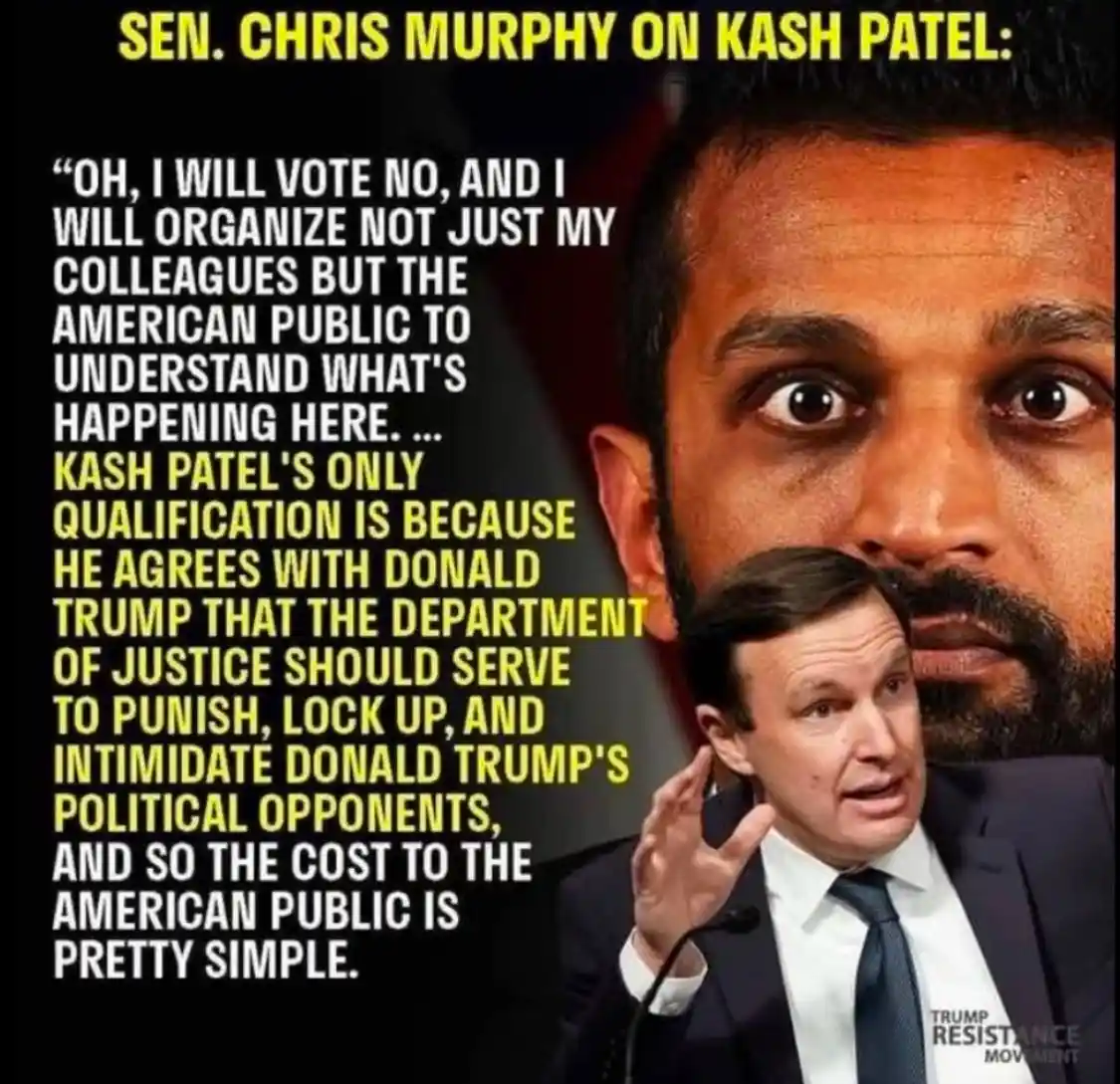 The image features a close-up of Senator Chris Murphy speaking, with a large, shocked-looking face of Kash Patel…