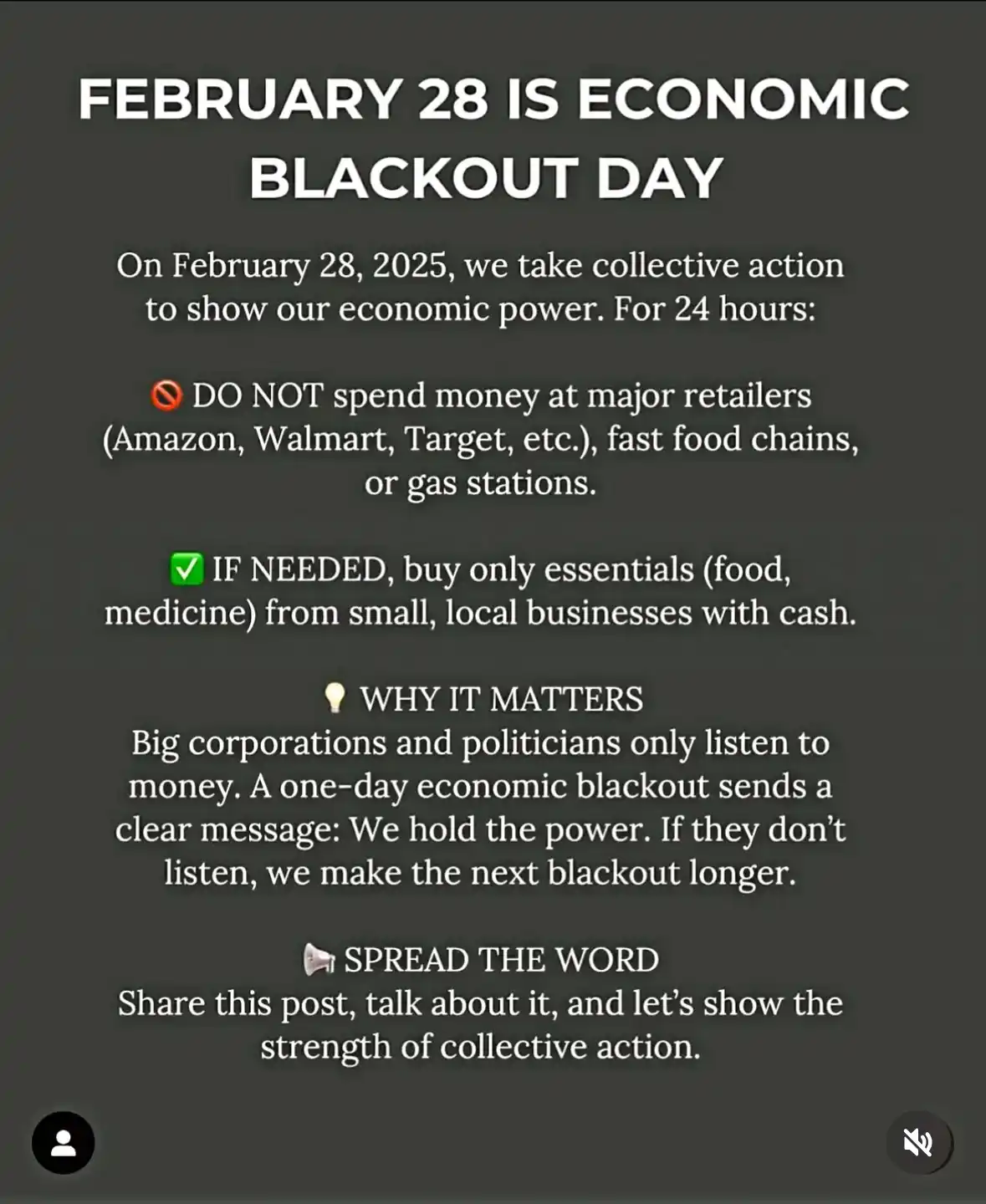 A dark gray graphic mimicking a social media post announces 'FEBRUARY 28 IS ECONOMIC BLACKOUT DAY' with instructions for a…