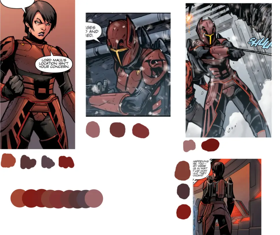 A comic book panel collage showing a female character in red armor saying 'lord maul's location isn't your concern.'…