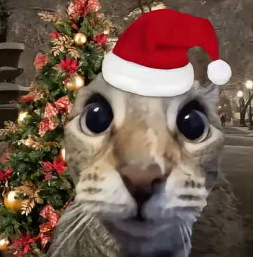 A close-up of a cat's face with digitally added large, glossy eyes and a red Santa hat, set against a blurred background of…