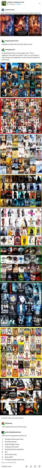 The image displays a vertical collage of movie posters, grouped by color palette. The top section shows three Disney posters…