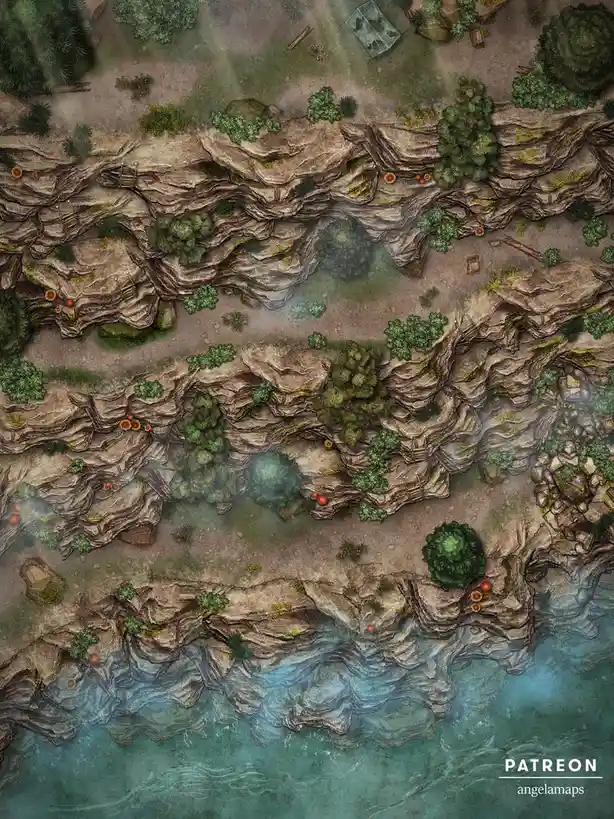 An overhead view of a detailed fantasy map showing a rugged, rocky coastline with cliffs, trees, and small paths. A campsite…